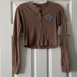 Boys Lie Brown Long Sleeve Cropped Henley Size Small